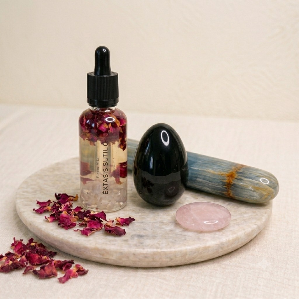 Aceite corporal, huevo yoni, vara de placer y cristal de la tienda Nalkimia
